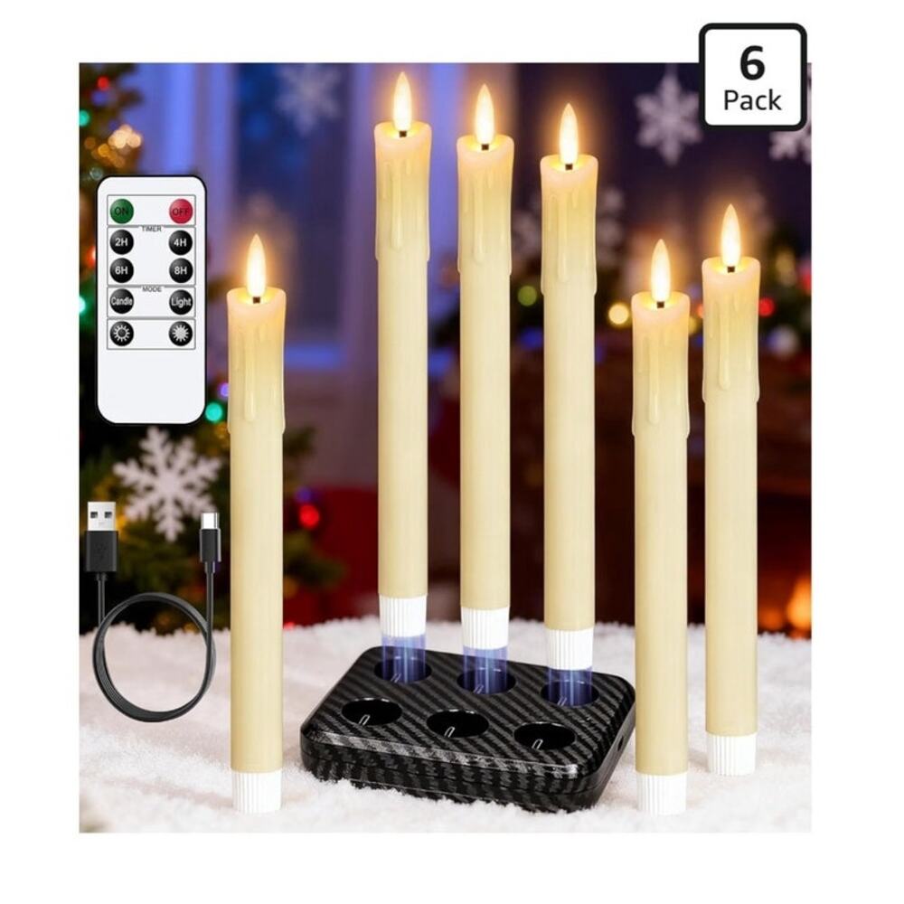Flameless LED Rechargeable Taper Candles Remote Control Cream Beige Candlesticks